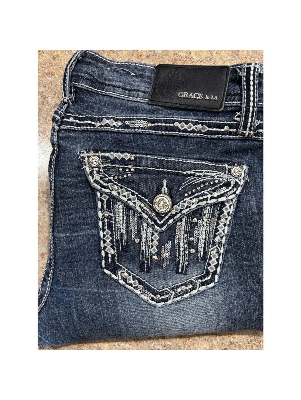 Grace in LA Women's Dark Wash Embroidered Jeans - Blue